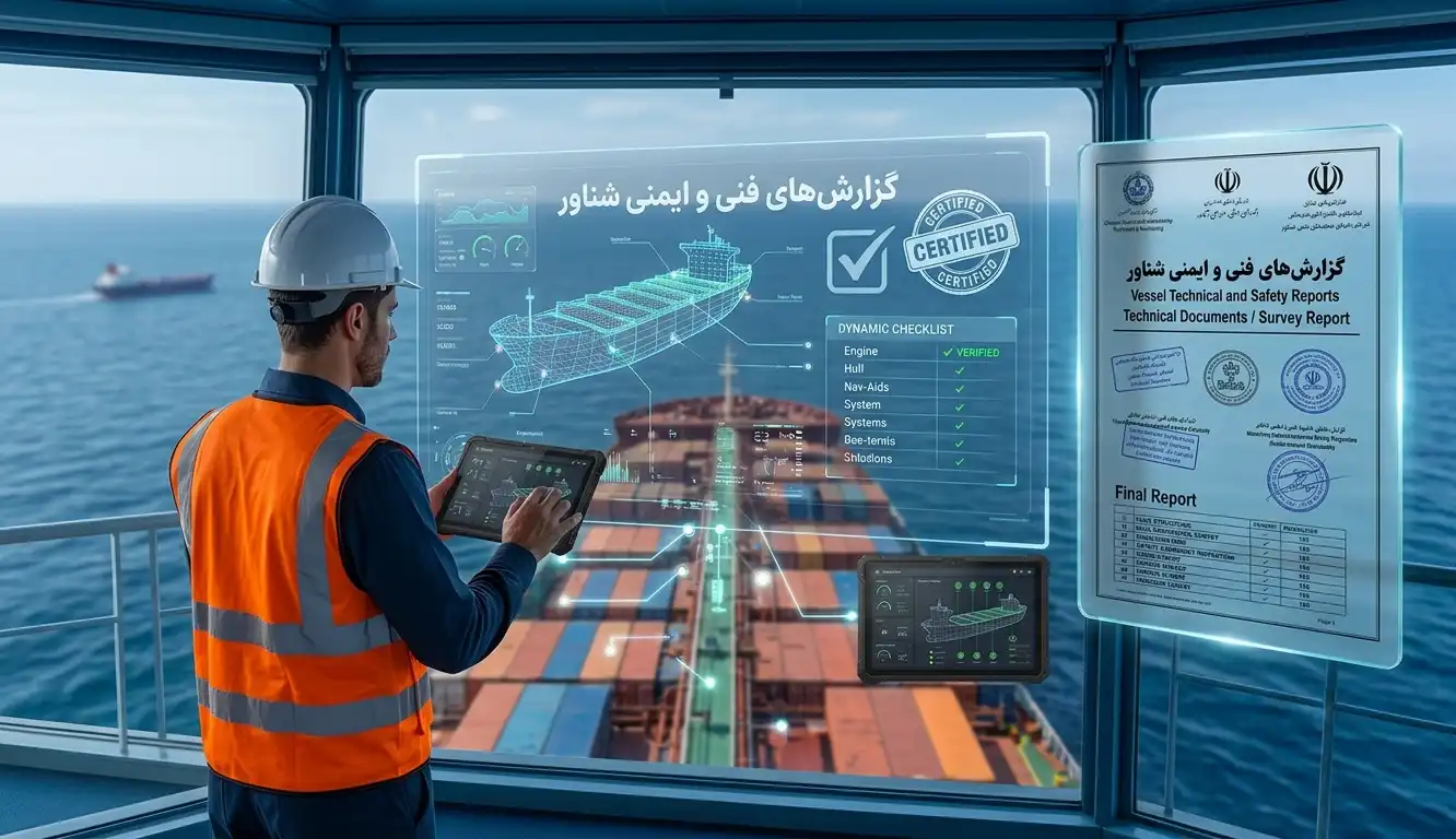 اینفوگرافیک جامع گزارش فنی و ایمنی شناور شامل چک‌لیست بازرسی و مدارک ضروری دریانوردی